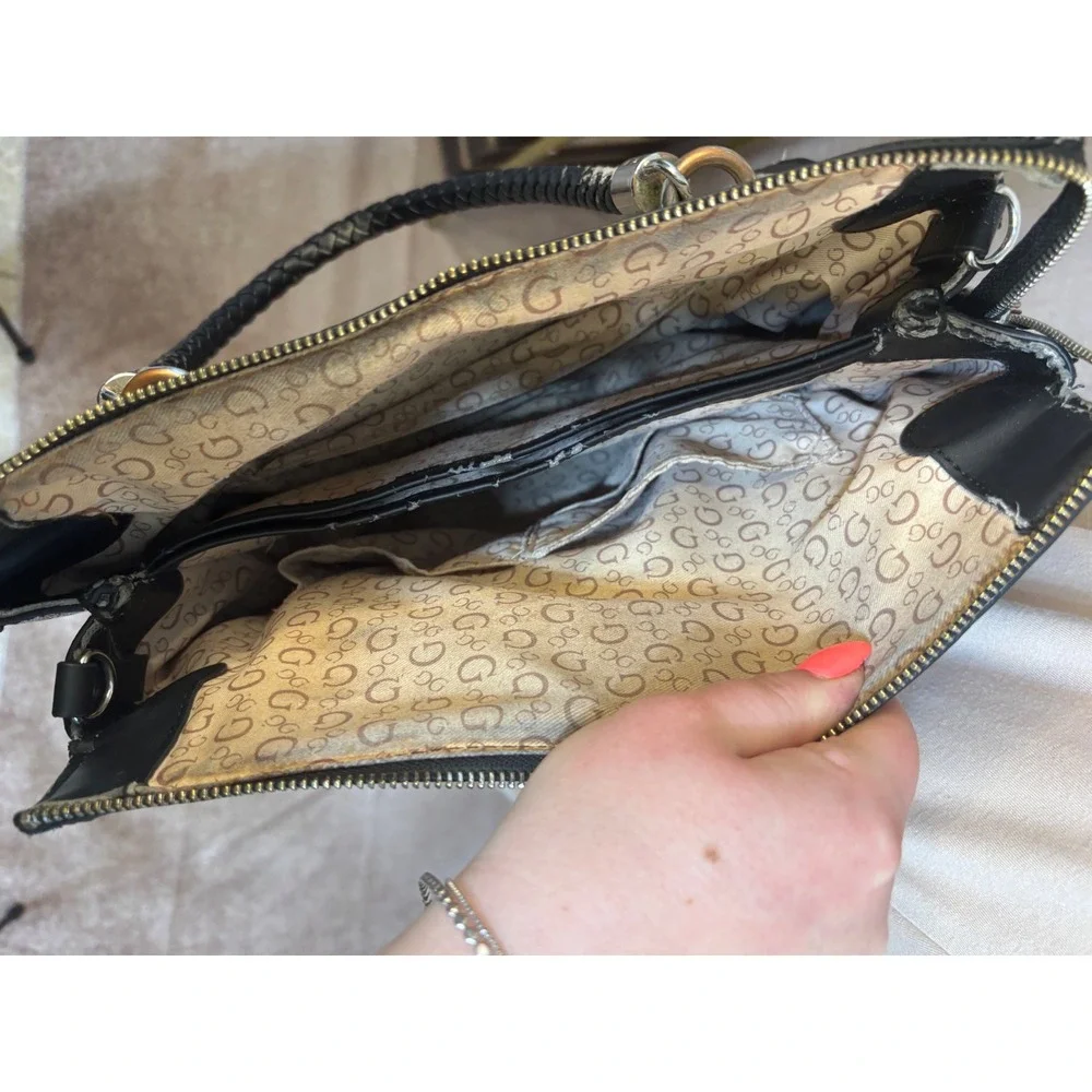 Guess Monogram Satchel Bag Grey Black Logo Print Braided Handle Purse‎